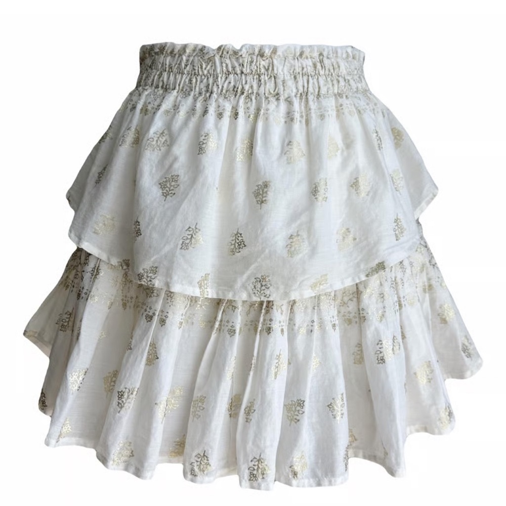 LoveShackFancy Ruffle Tiered Mini Skirt Gold Leaf, Floral Cream & Gold Size0.